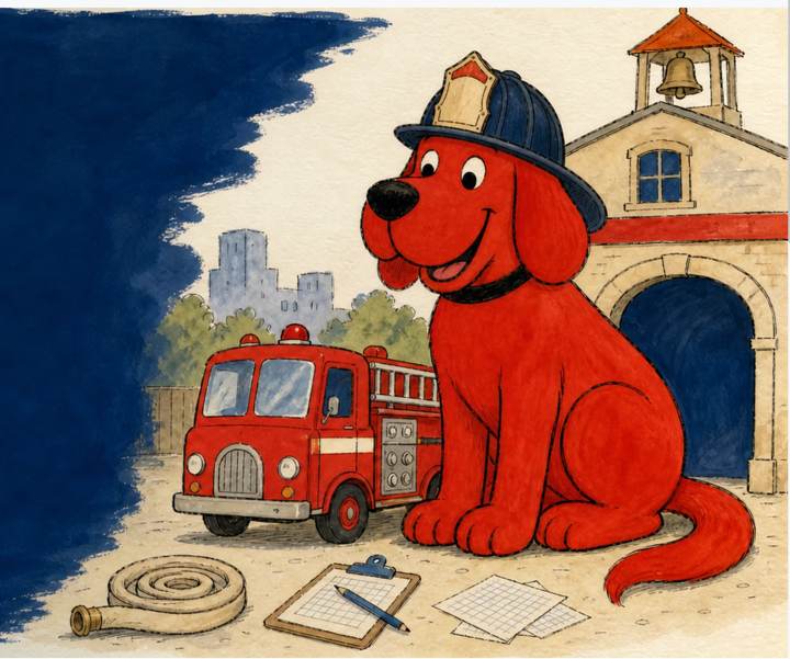 A storybook watercolor of a big red dog in a fire helmet beside a small fire engine, outside a firehouse
